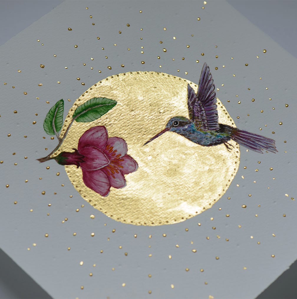 handgemalte kunstwerke, Kolibri mit Blume, handgemalter Kolibri mit Vergoldung, Aquarell Kunstwerk mit Vergoldung, Wattercolor Artwork with gilding, Flower with birds, handpainted humming-bird with 24 carat leaf gold, gemalter kolibri, kunst mit aquarell und gold